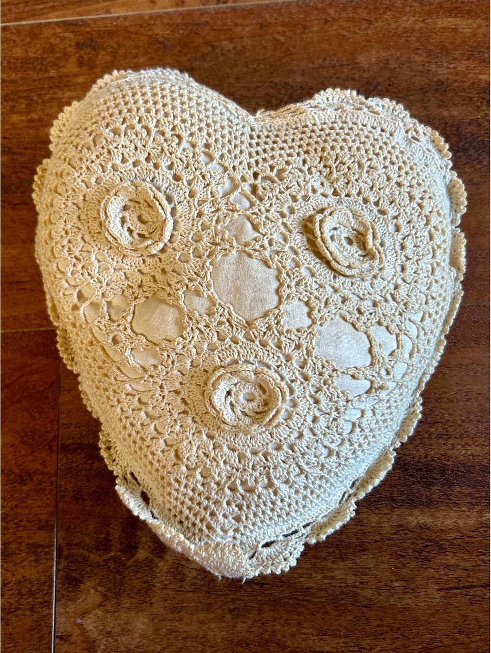 Heart-Shaped Decorative Crochet Pillow in Cream